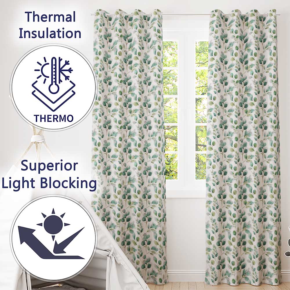 Soft Green Eucalyptus Leaves Watercolor Botanical Seamless Pattern Readymade Eyelet Ring Top Thermal 100% Blackout Curtains