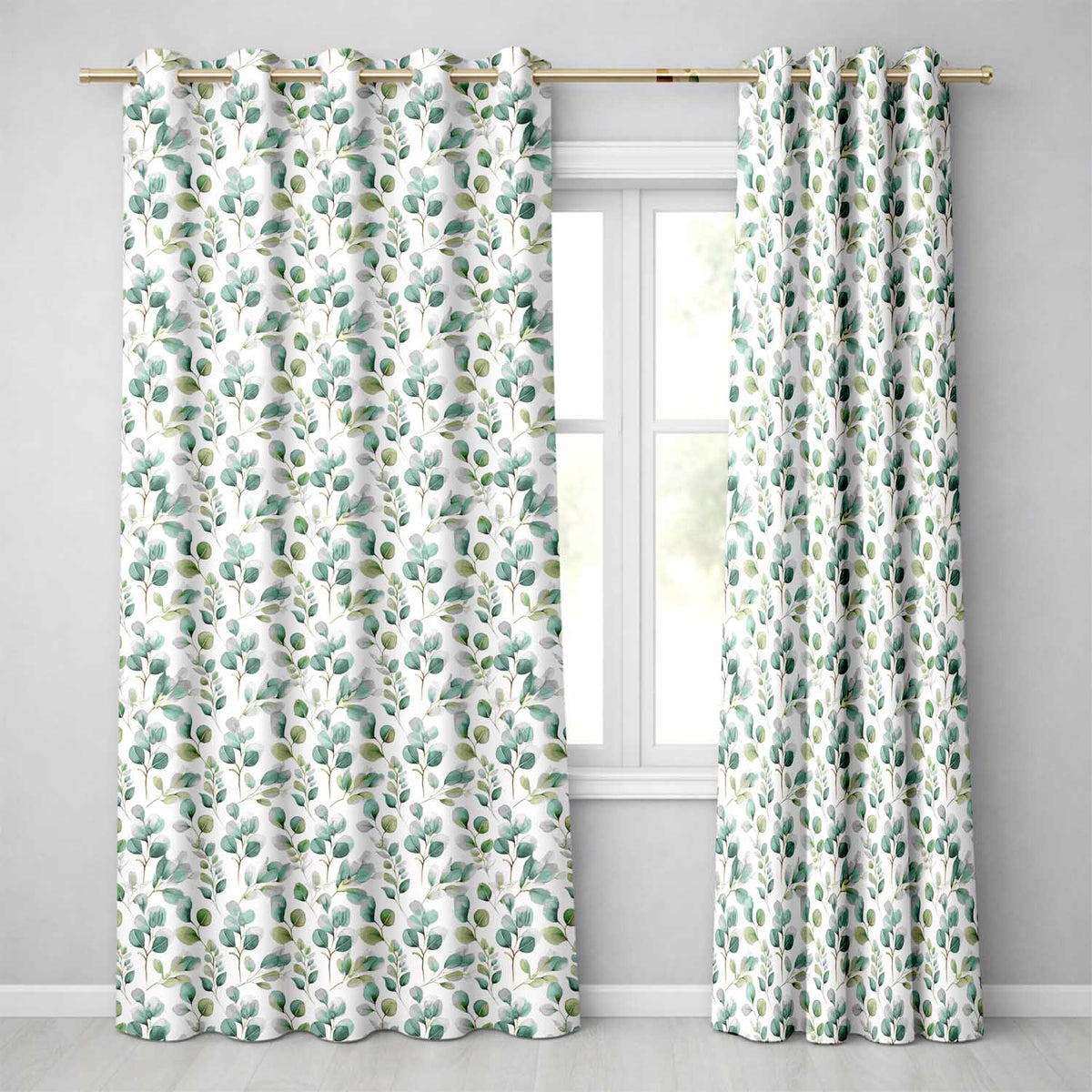 Soft Green Eucalyptus Leaves Watercolor Botanical Seamless Pattern Readymade Eyelet Ring Top Thermal 100% Blackout Curtains