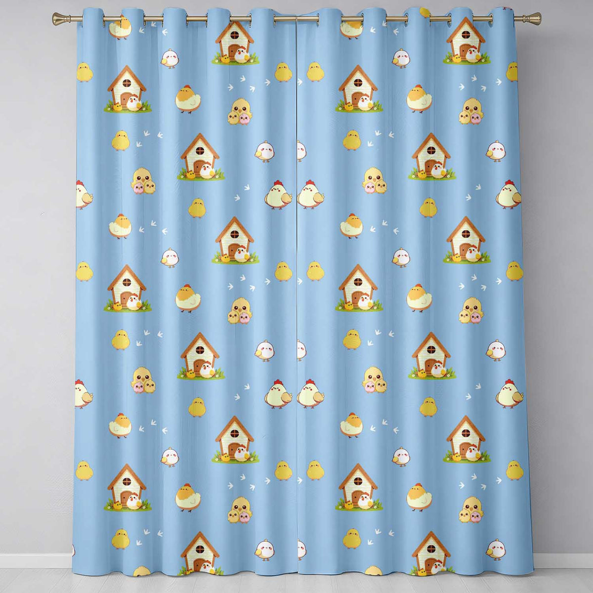Cute Baby Chickens Blue Background Seamless Pattern Readymade Eyelet Ring Top Thermal 100% Blackout Curtains