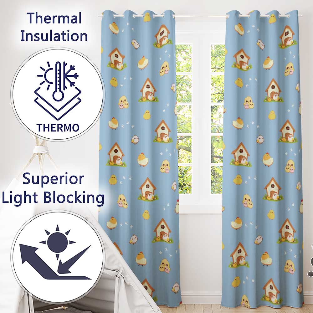 Cute Baby Chickens Blue Background Seamless Pattern Readymade Eyelet Ring Top Thermal 100% Blackout Curtains