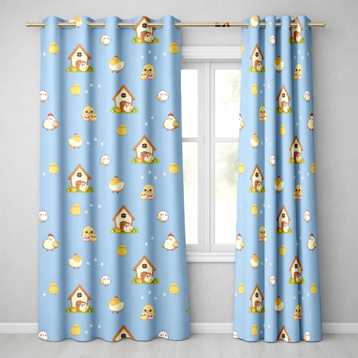 Cute Baby Chickens Blue Background Seamless Pattern Readymade Eyelet Ring Top Thermal 100% Blackout Curtains