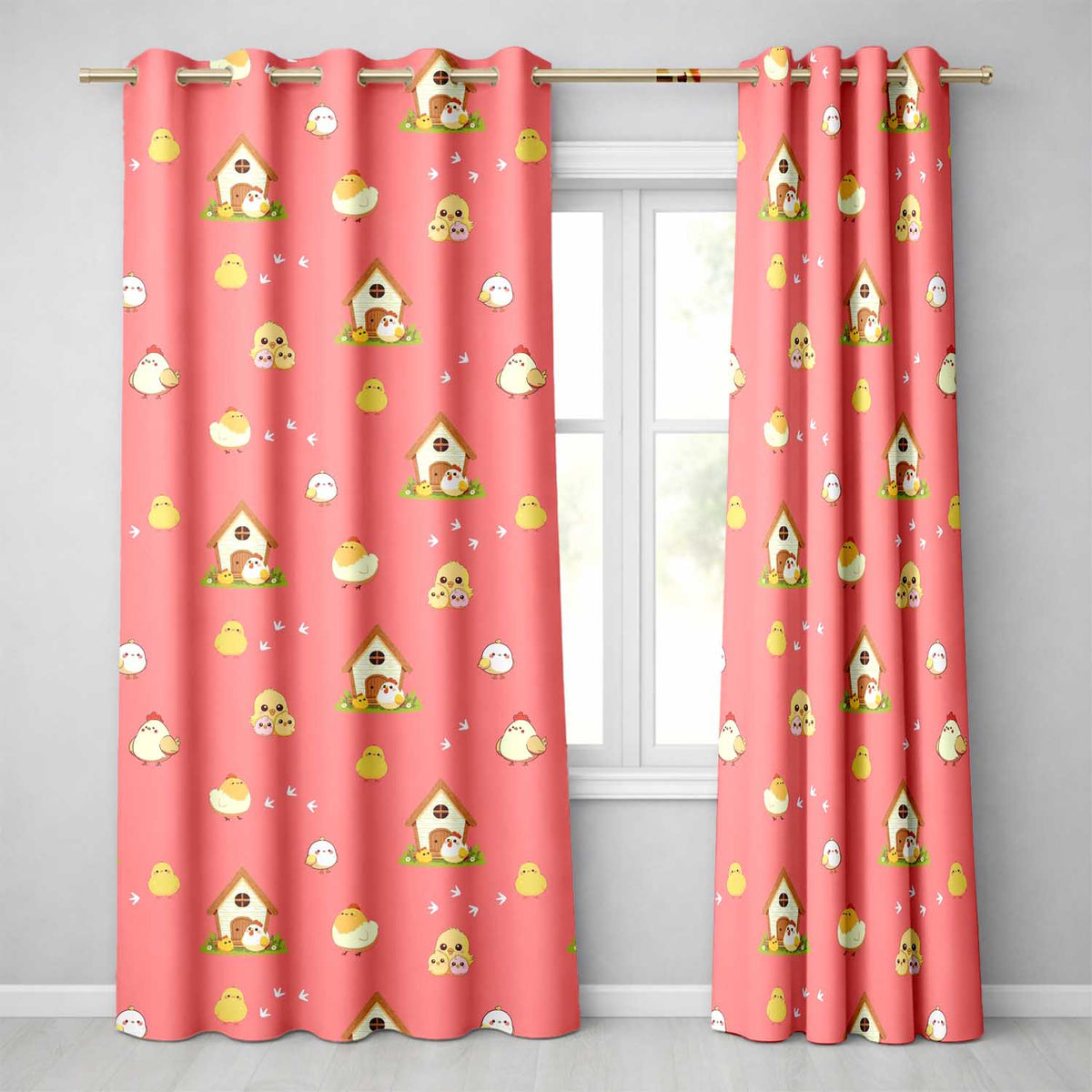 Cute Cartoon Chickens Farmhouse Pattern Coral Pink Background Seamless Readymade Eyelet Ring Top Thermal 100% Blackout Curtains