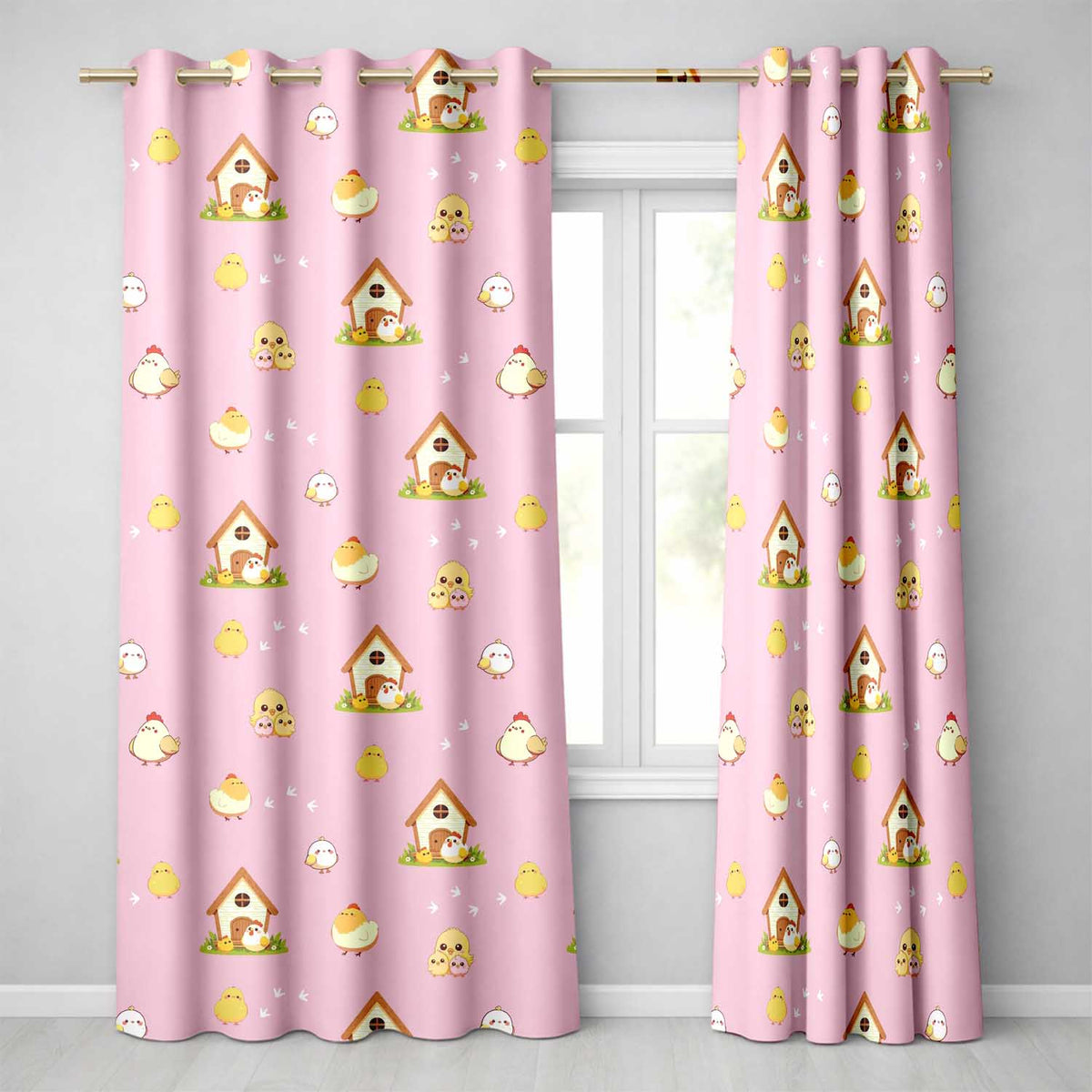 Cute Cartoon Chickens Farmhouse Pattern Rose Pink Background Seamless Readymade Eyelet Ring Top Thermal 100% Blackout Curtains