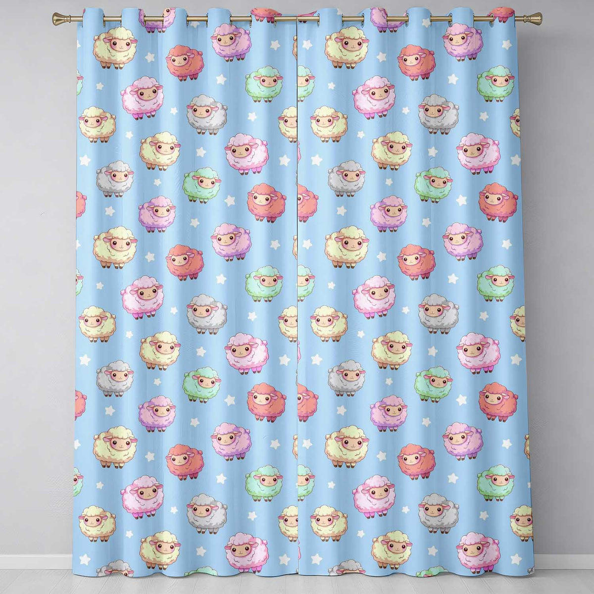 Cute Kawaii Sheep with Starry Sky Background Seamless Pattern Readymade Eyelet Ring Top Thermal 100% Blackout Curtains