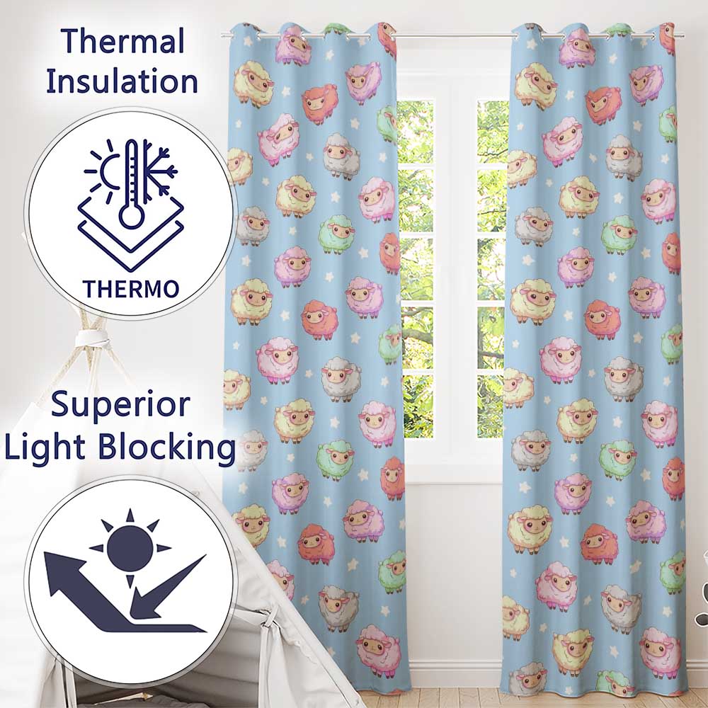 Cute Kawaii Sheep with Starry Sky Background Seamless Pattern Readymade Eyelet Ring Top Thermal 100% Blackout Curtains