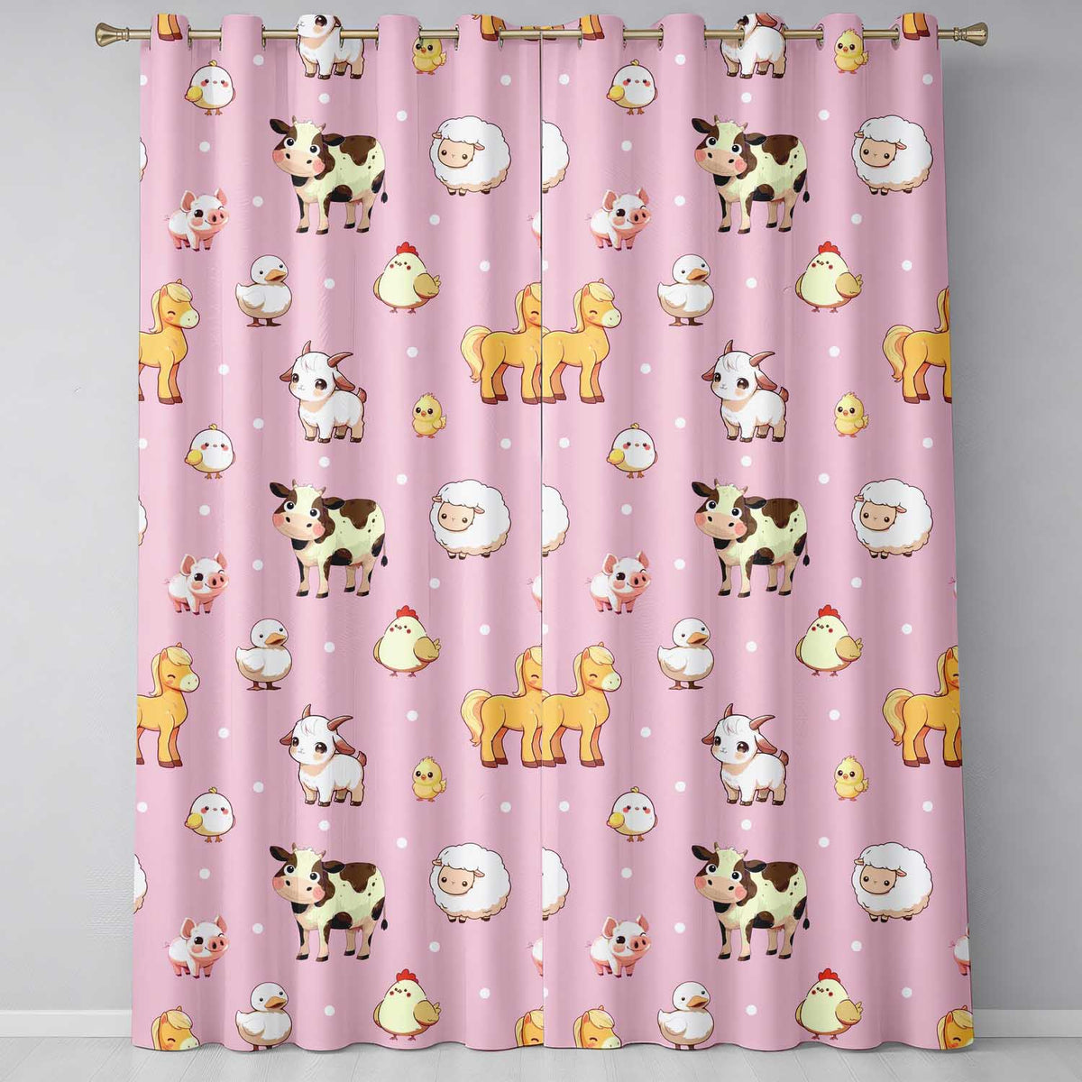Cute Farm Animals Cow Pig Duck Chicken Soft Pink Background Seamless Pattern Readymade Eyelet Ring Top Thermal 100% Blackout Curtains