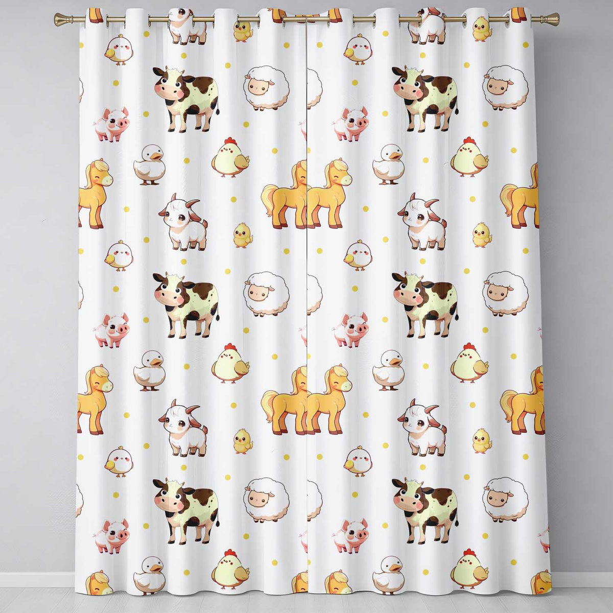 Cute Farm Animals Cow Pig Duck Chicken Grey Dot Background Seamless Pattern Readymade Eyelet Ring Top Thermal 100% Blackout Curtains