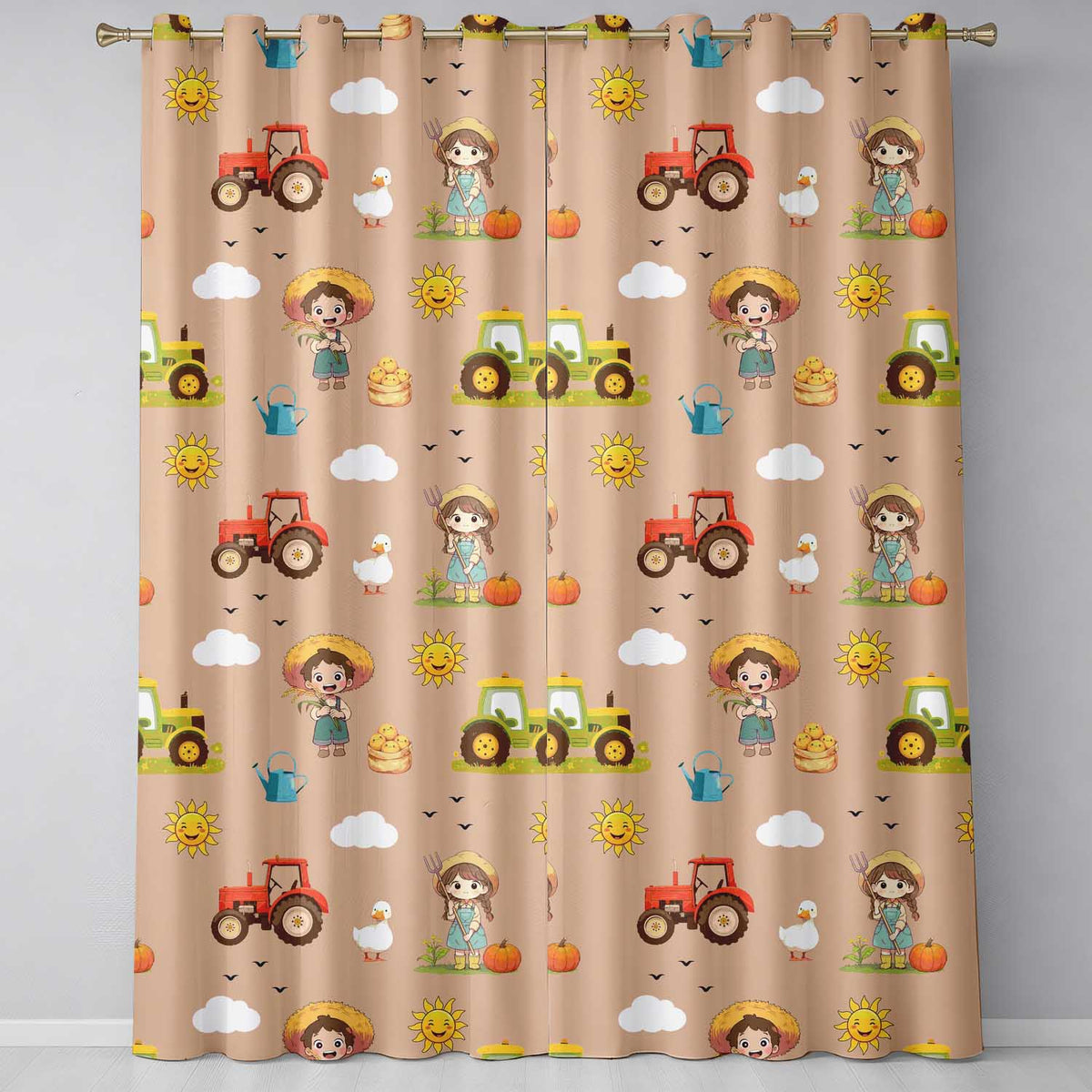 Cute Farm Tractor Duck Girl Farming Scene Peach Background Seamless Pattern Readymade Eyelet Ring Top Thermal 100% Blackout Curtains