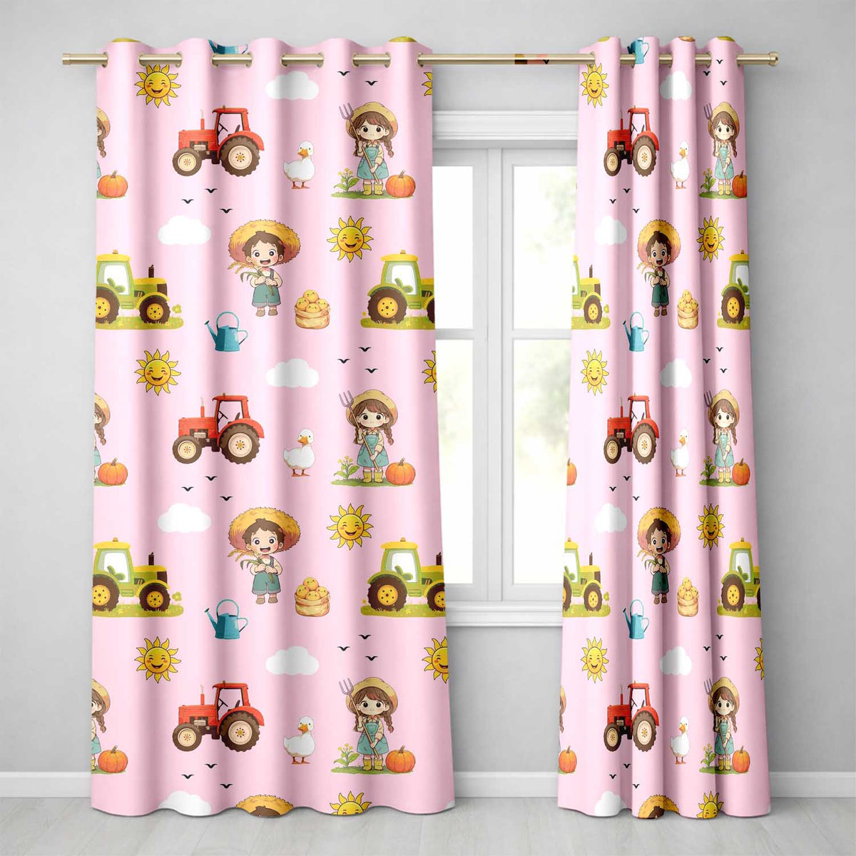 Cute Farm Tractor Duck Girl Sunny Field Pink Background Seamless Pattern Readymade Eyelet Ring Top Thermal 100% Blackout Curtains