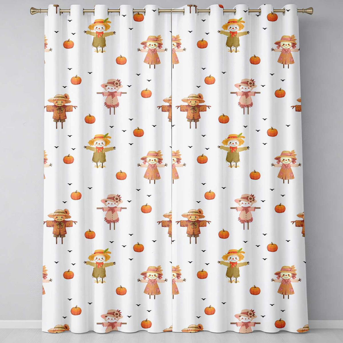 Cute Scarecrow Pumpkin Autumn Field Grey Background Seamless Pattern Readymade Eyelet Ring Top Thermal 100% Blackout Curtains
