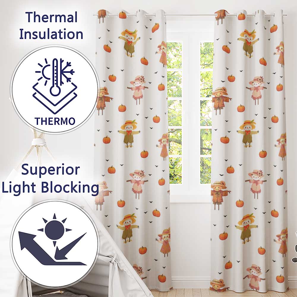 Cute Scarecrow Pumpkin Autumn Field Grey Background Seamless Pattern Readymade Eyelet Ring Top Thermal 100% Blackout Curtains