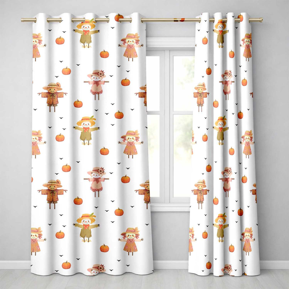 Cute Scarecrow Pumpkin Autumn Field Grey Background Seamless Pattern Readymade Eyelet Ring Top Thermal 100% Blackout Curtains