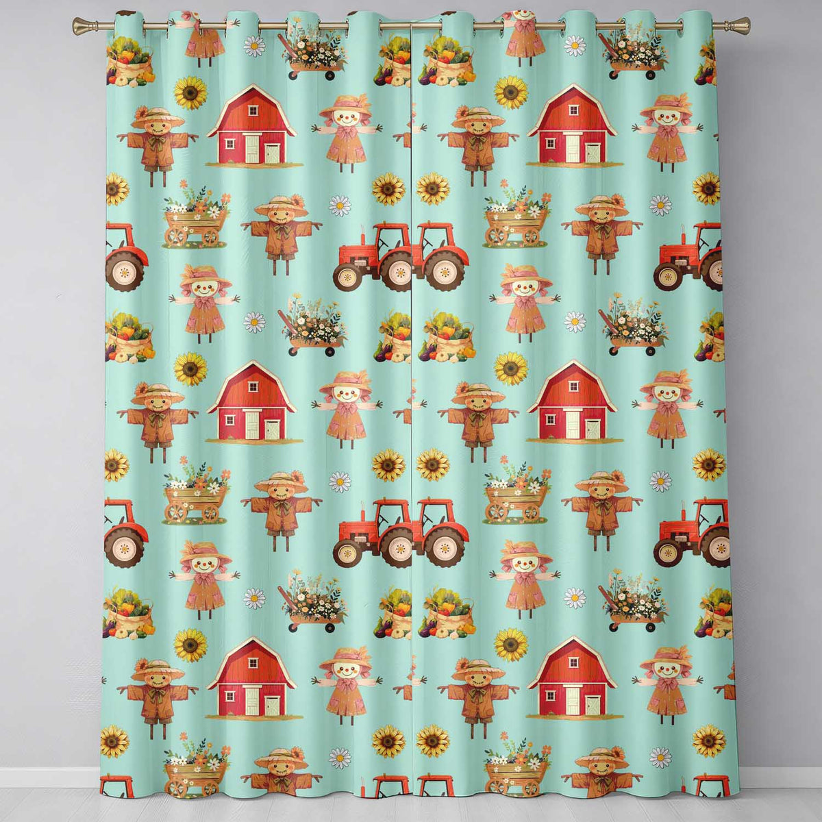 Cute Scarecrow Barn Sunflower Farm Teal Background Seamless Pattern Readymade Eyelet Ring Top Thermal 100% Blackout Curtains