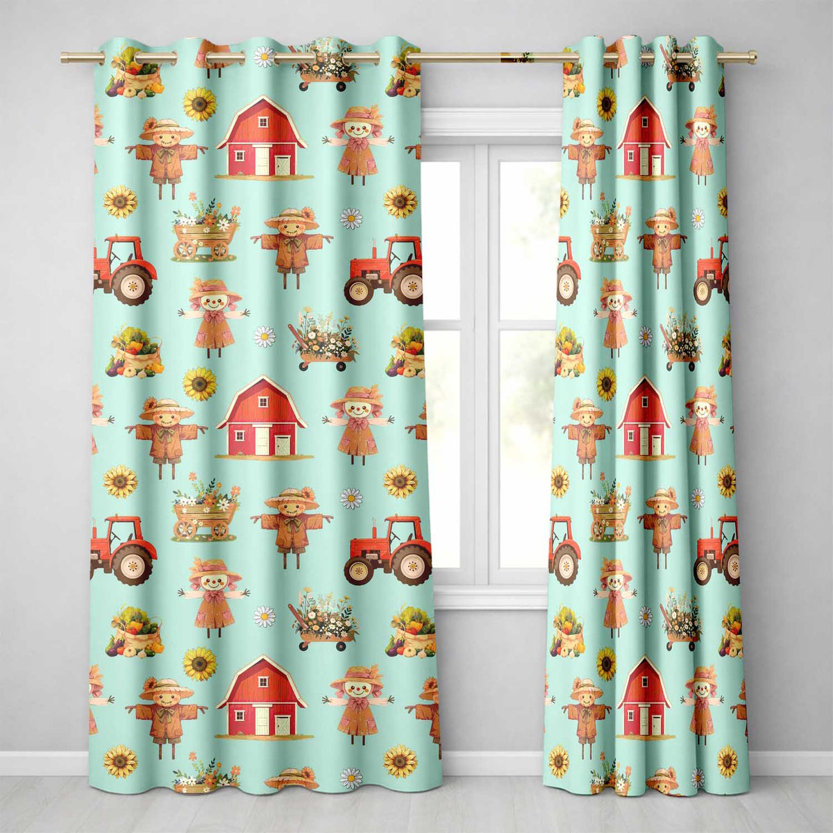 Cute Scarecrow Barn Sunflower Farm Teal Background Seamless Pattern Readymade Eyelet Ring Top Thermal 100% Blackout Curtains