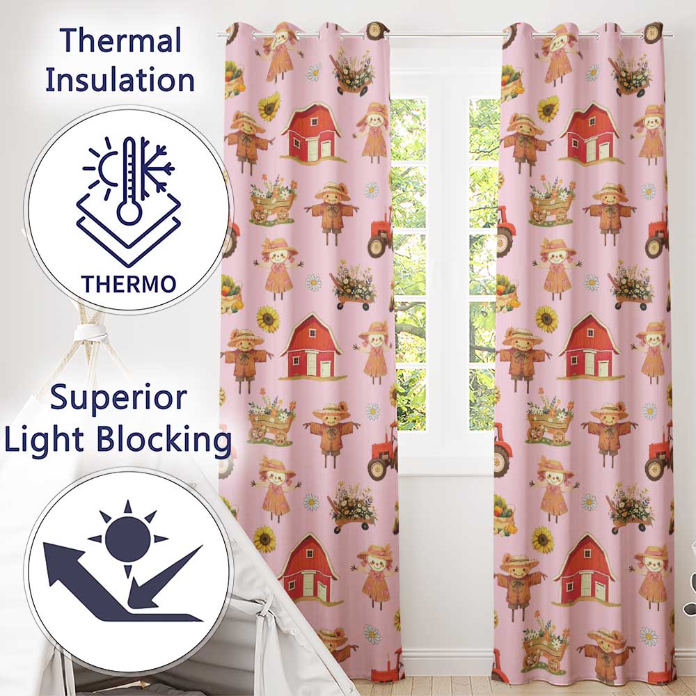 Cute Scarecrow Barn Sunflower Farm Pink Background Seamless Pattern Readymade Eyelet Ring Top Thermal 100% Blackout Curtains