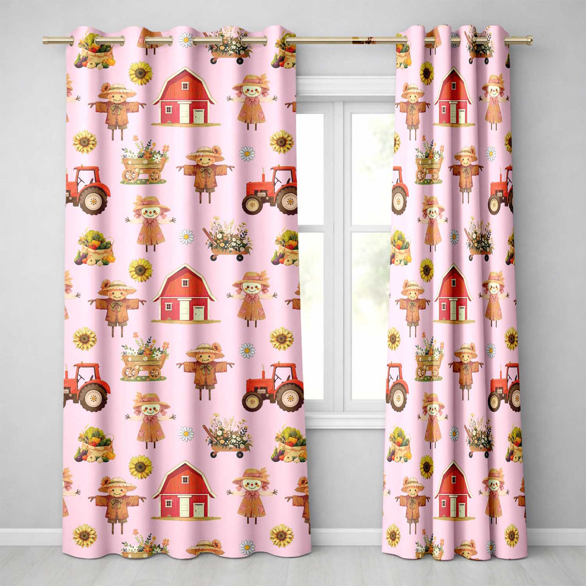 Cute Scarecrow Barn Sunflower Farm Pink Background Seamless Pattern Readymade Eyelet Ring Top Thermal 100% Blackout Curtains