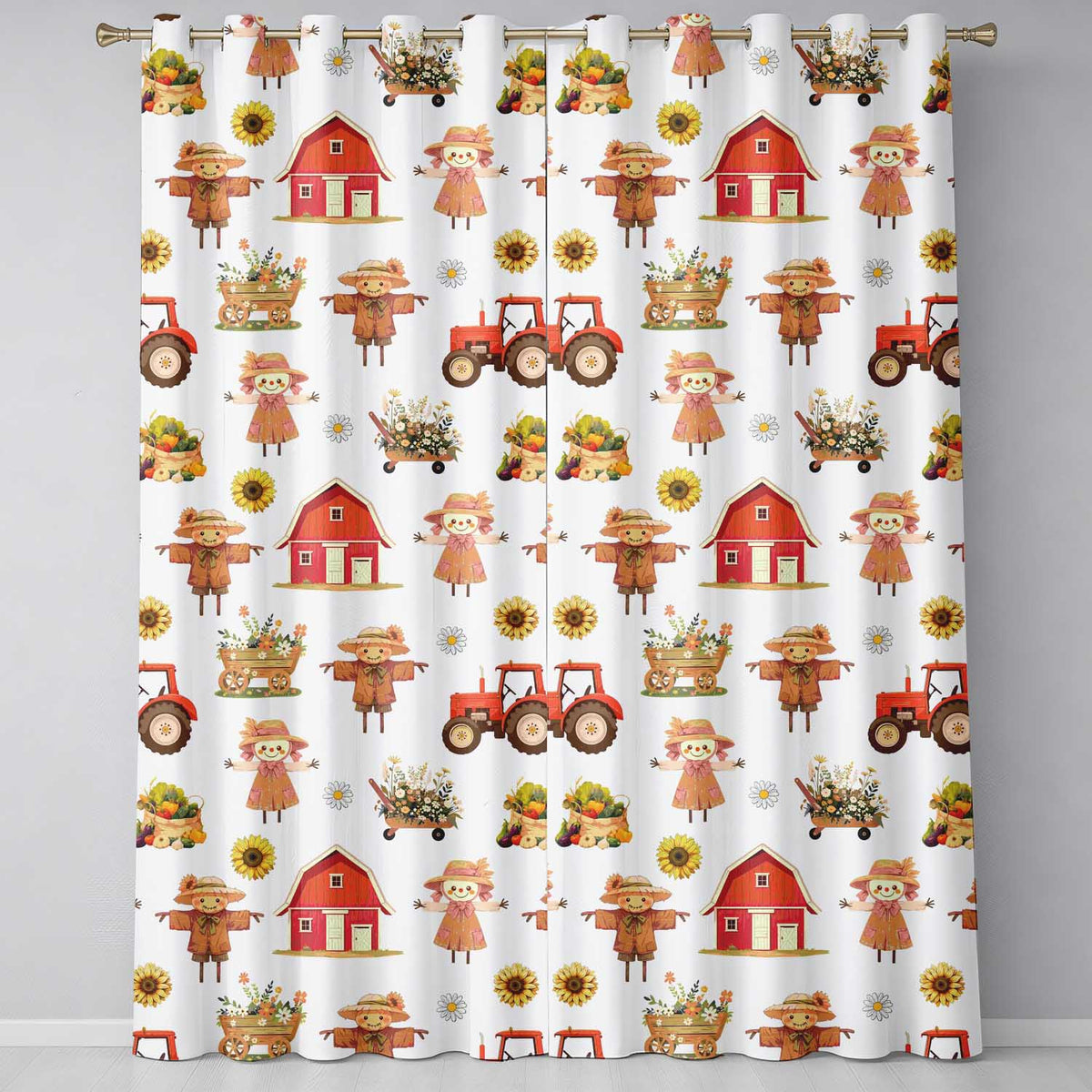 Cute Scarecrow Barn Sunflower Farm Grey Background Seamless Pattern Readymade Eyelet Ring Top Thermal 100% Blackout Curtains