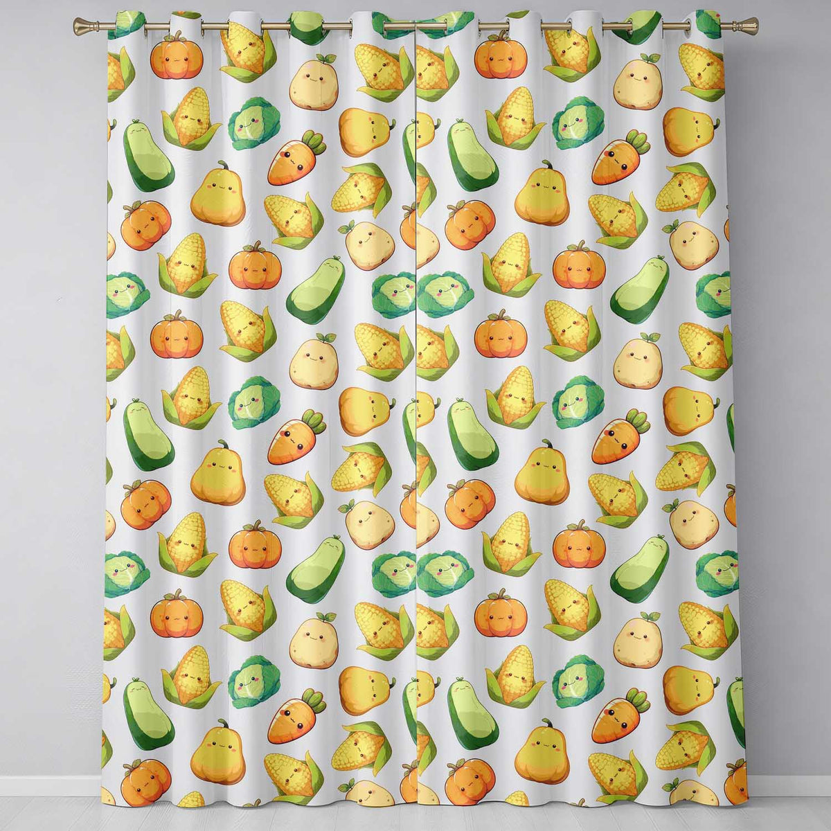 Cute Kawaii Vegetables Corn Carrot Pumpkin Cream Background Seamless Pattern Readymade Eyelet Ring Top Thermal 100% Blackout Curtains
