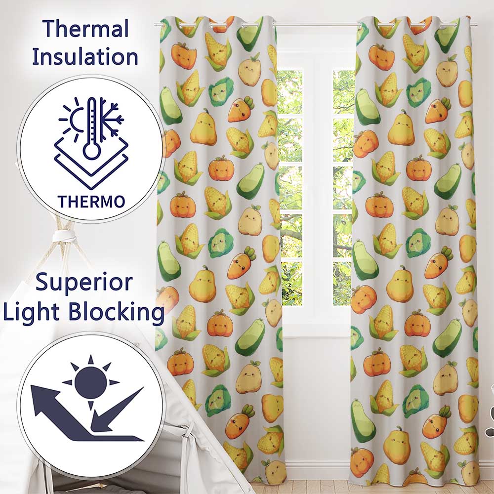 Cute Kawaii Vegetables Corn Carrot Pumpkin Cream Background Seamless Pattern Readymade Eyelet Ring Top Thermal 100% Blackout Curtains