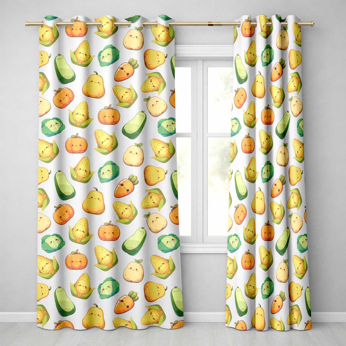 Cute Kawaii Vegetables Corn Carrot Pumpkin Cream Background Seamless Pattern Readymade Eyelet Ring Top Thermal 100% Blackout Curtains