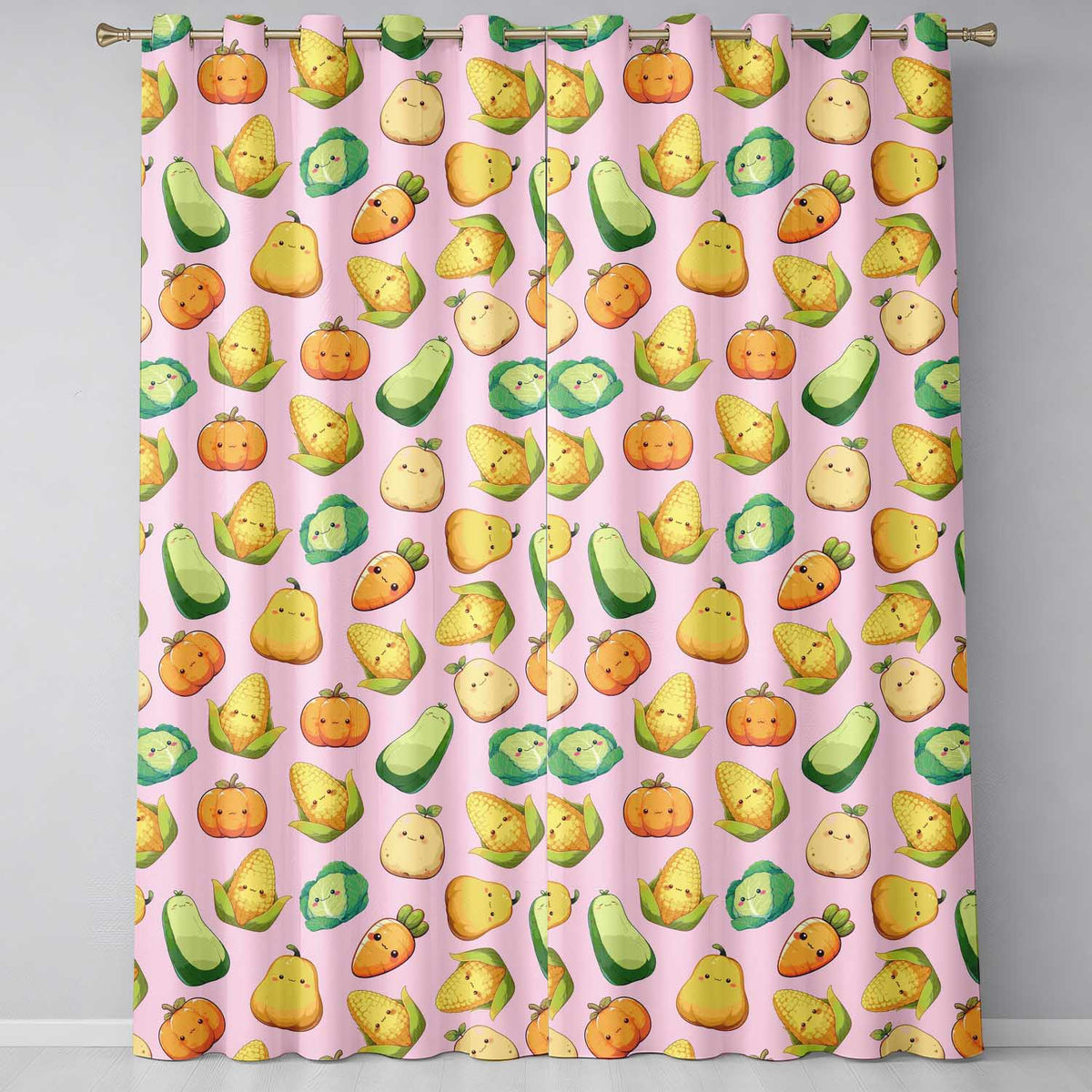 Cute Kawaii Corn Carrot Pumpkin Light Pink Background Seamless Pattern Readymade Eyelet Ring Top Thermal 100% Blackout Curtains