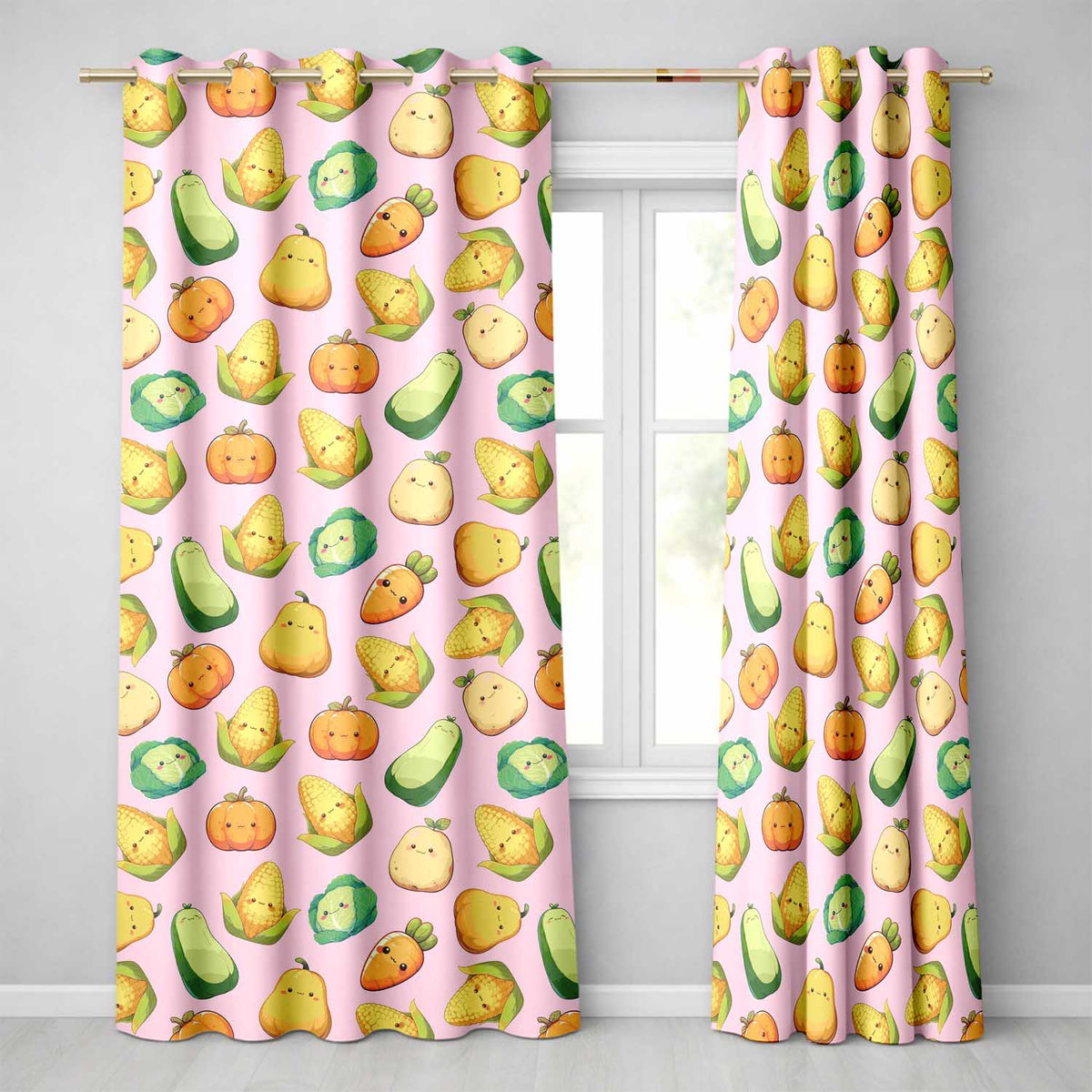 Cute Kawaii Corn Carrot Pumpkin Light Pink Background Seamless Pattern Readymade Eyelet Ring Top Thermal 100% Blackout Curtains