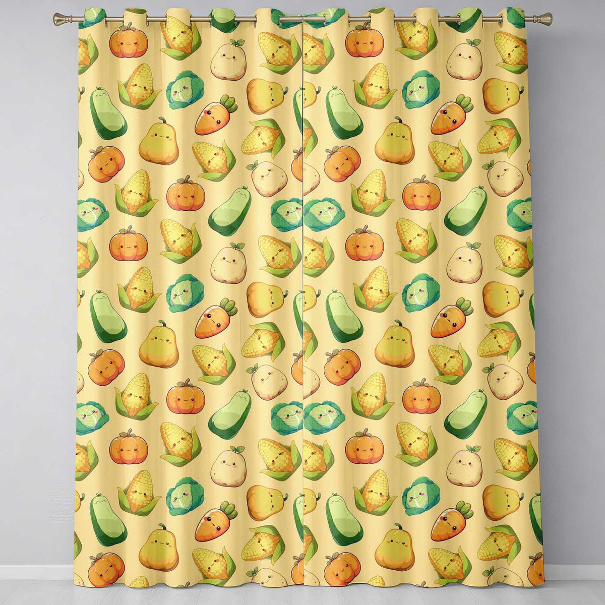 Cute Kawaii Vegetables Corn Carrot Pumpkin Beige Background Seamless Pattern Readymade Eyelet Ring Top Thermal 100% Blackout Curtains