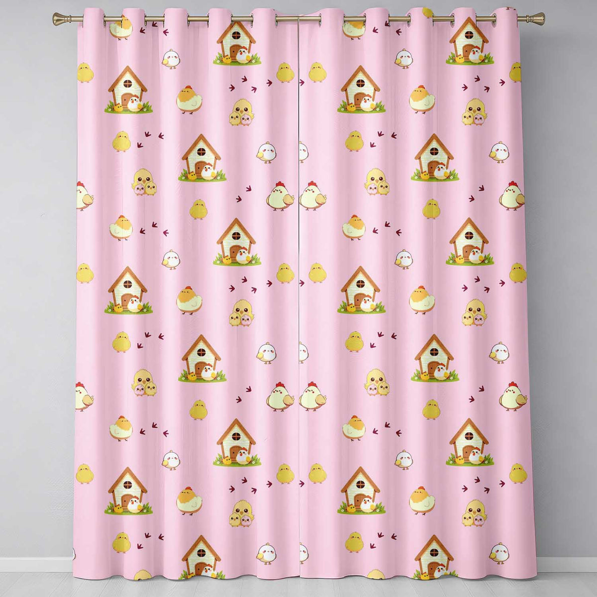 Cute Baby Chick Hen Coop Farm Blush Pink Background Seamless Pattern Readymade Eyelet Ring Top Thermal 100% Blackout Curtains