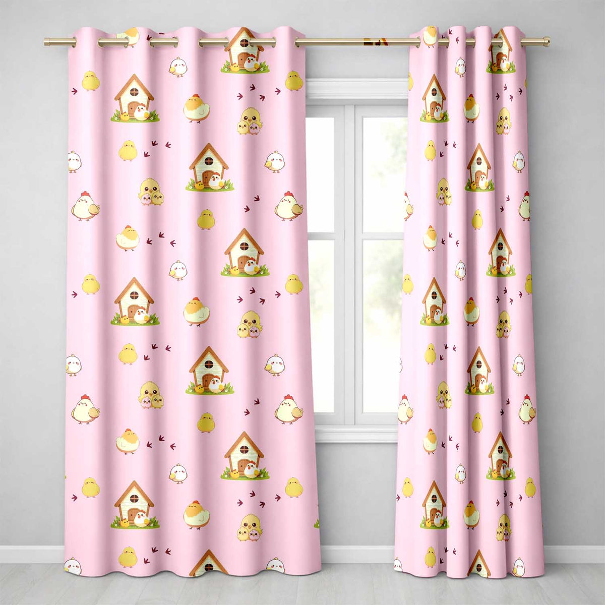Cute Baby Chick Hen Coop Farm Blush Pink Background Seamless Pattern Readymade Eyelet Ring Top Thermal 100% Blackout Curtains