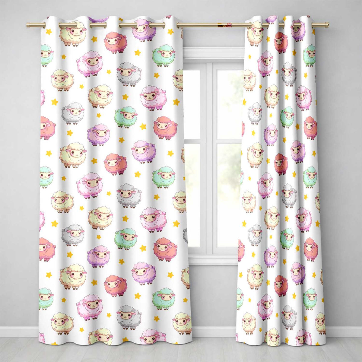 Cute Pastel Sheep Stars Cream Background Seamless Pattern Readymade Eyelet Ring Top Thermal 100% Blackout Curtains