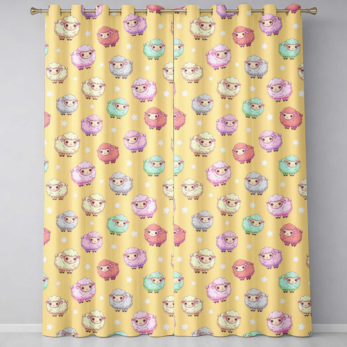 Cute Pastel Sheep Stars Yellow Background Seamless Pattern Readymade Eyelet Ring Top Thermal 100% Blackout Curtains