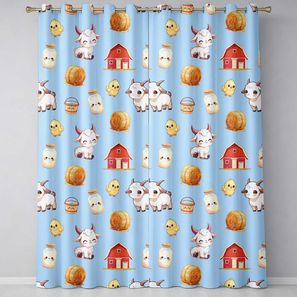 Cute Baby Goat Barn Hay Milk Farm Seamless Pattern Readymade Eyelet Ring Top Thermal 100% Blackout Curtains