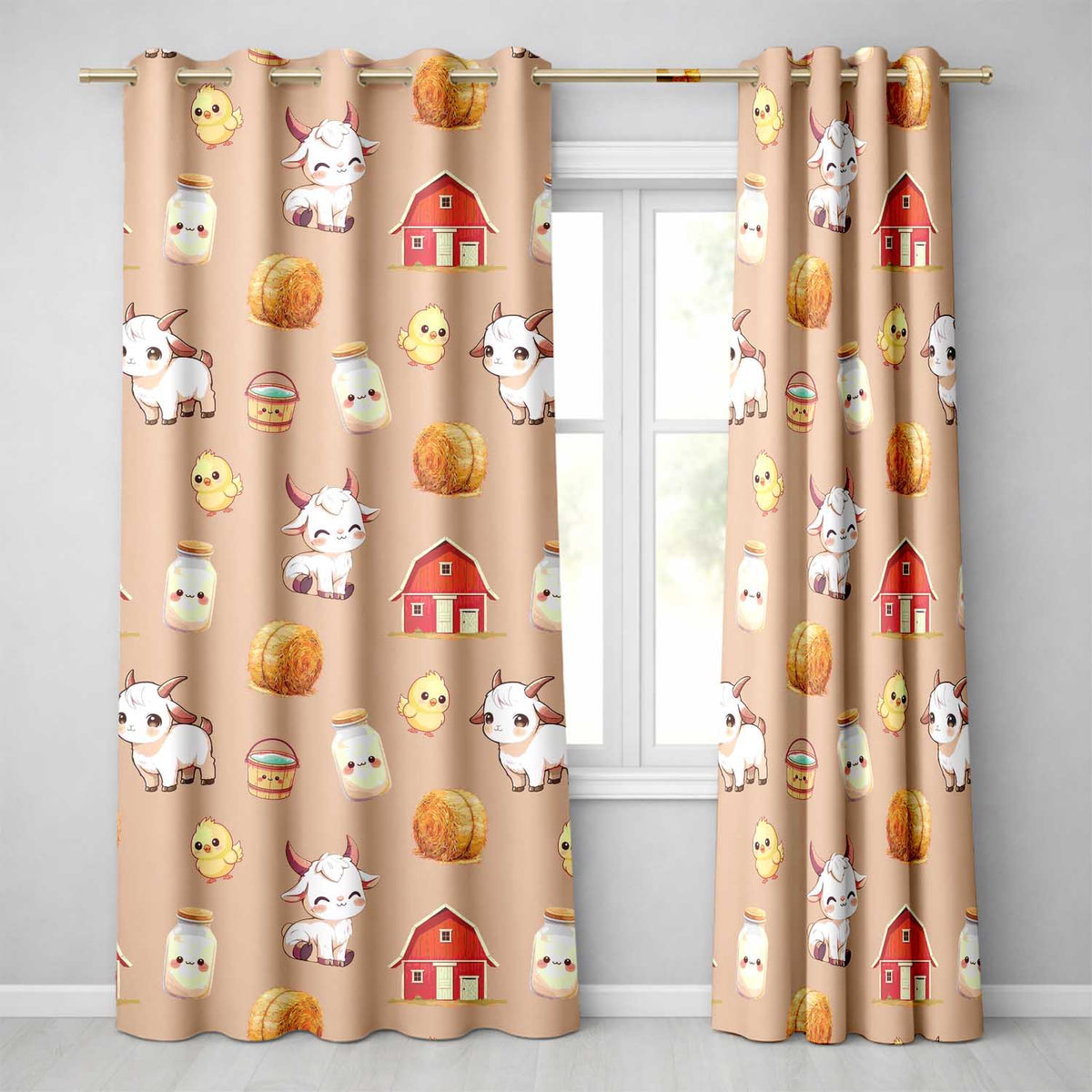 Cute Baby Goat Barn Hay Milk Chick Farm Peach Seamless Pattern Readymade Eyelet Ring Top Thermal 100% Blackout Curtains