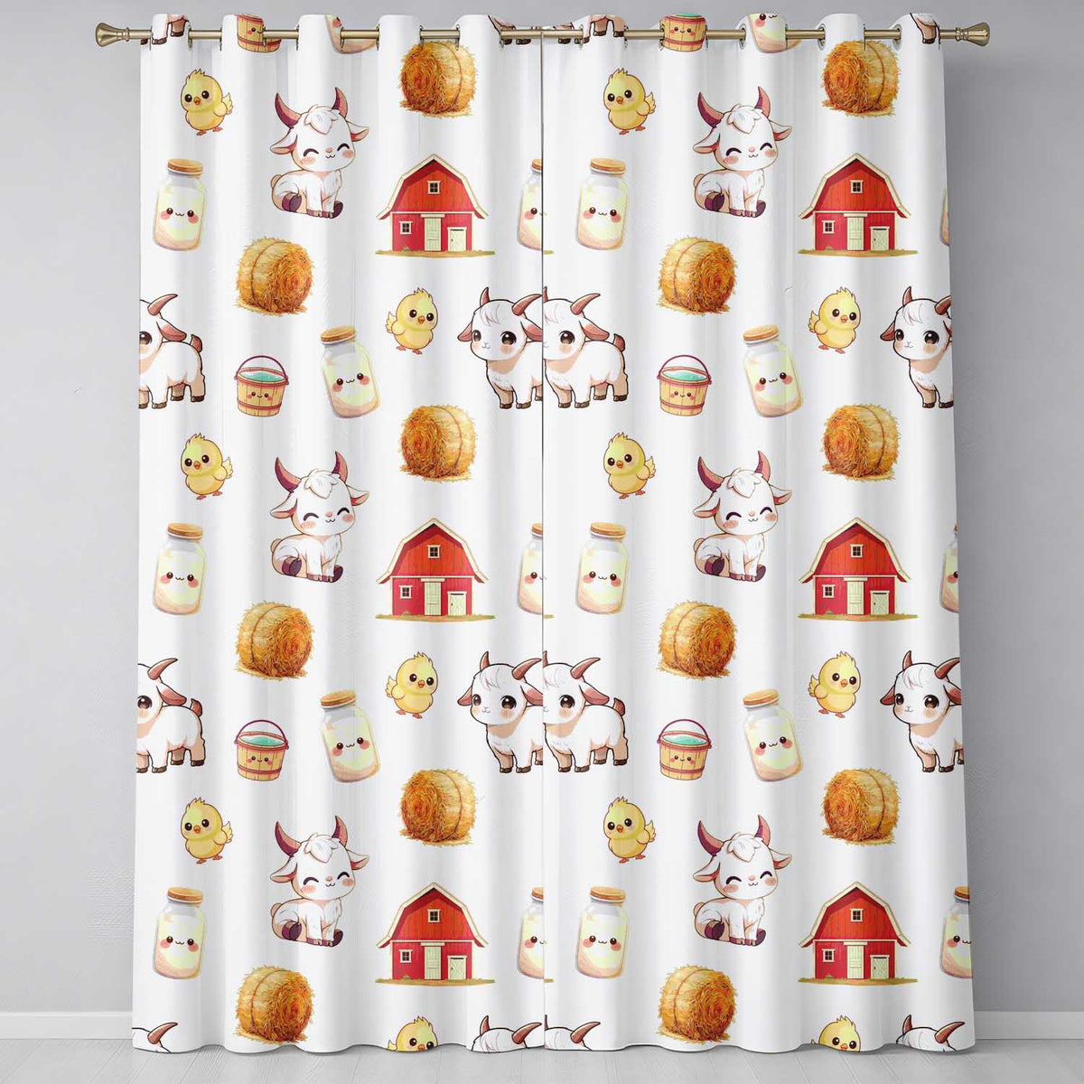 Cute Baby Goat Barn Hay Milk Chick Farm Cream Seamless Pattern Readymade Eyelet Ring Top Thermal 100% Blackout Curtains