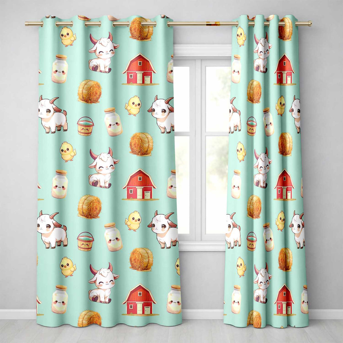 Cute Baby Goat Barn Hay Milk Chick Farm Mint Seamless Pattern Readymade Eyelet Ring Top Thermal 100% Blackout Curtains