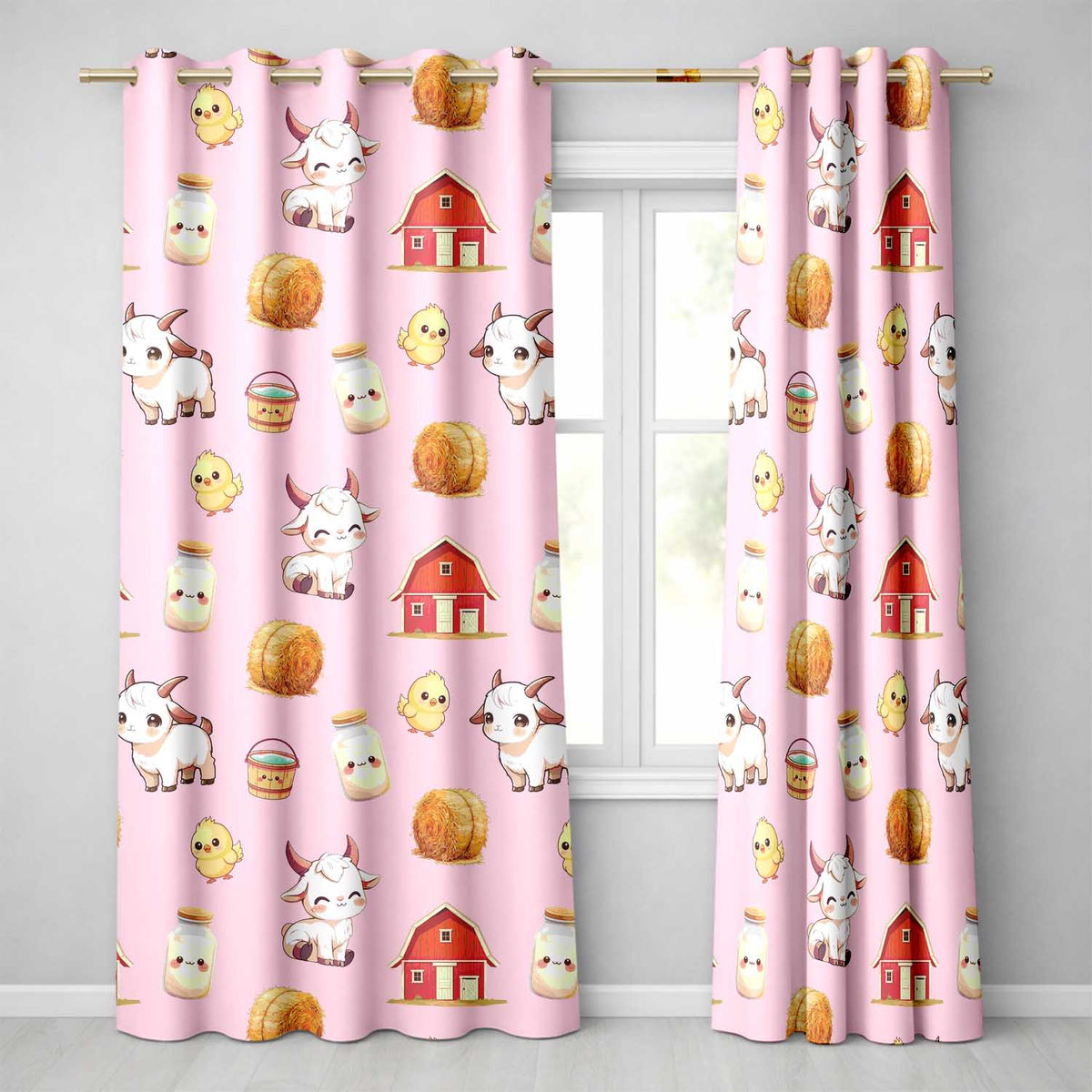 Cute Baby Goat Barn Hay Milk Chick Farm Pink Seamless Pattern Readymade Eyelet Ring Top Thermal 100% Blackout Curtains