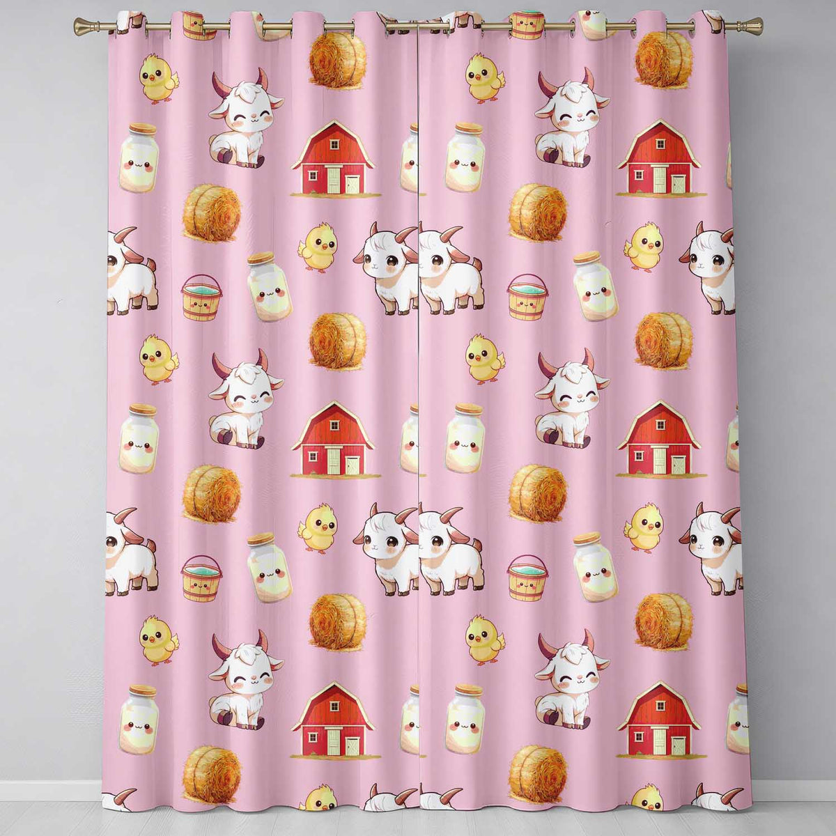 Cute Baby Goat Barn Hay Milk Chick Farm Rose Seamless Pattern Readymade Eyelet Ring Top Thermal 100% Blackout Curtains
