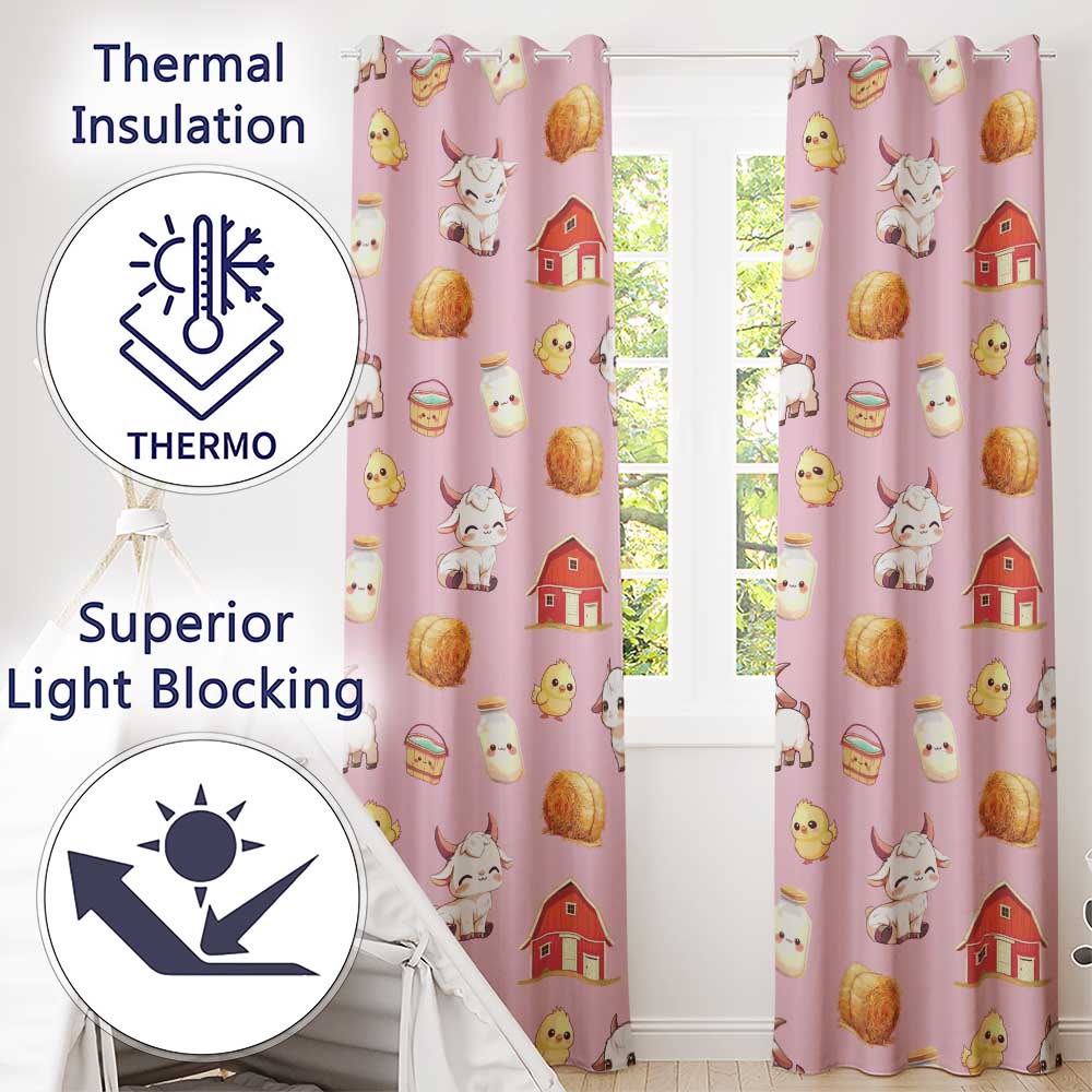 Cute Baby Goat Barn Hay Milk Chick Farm Rose Seamless Pattern Readymade Eyelet Ring Top Thermal 100% Blackout Curtains