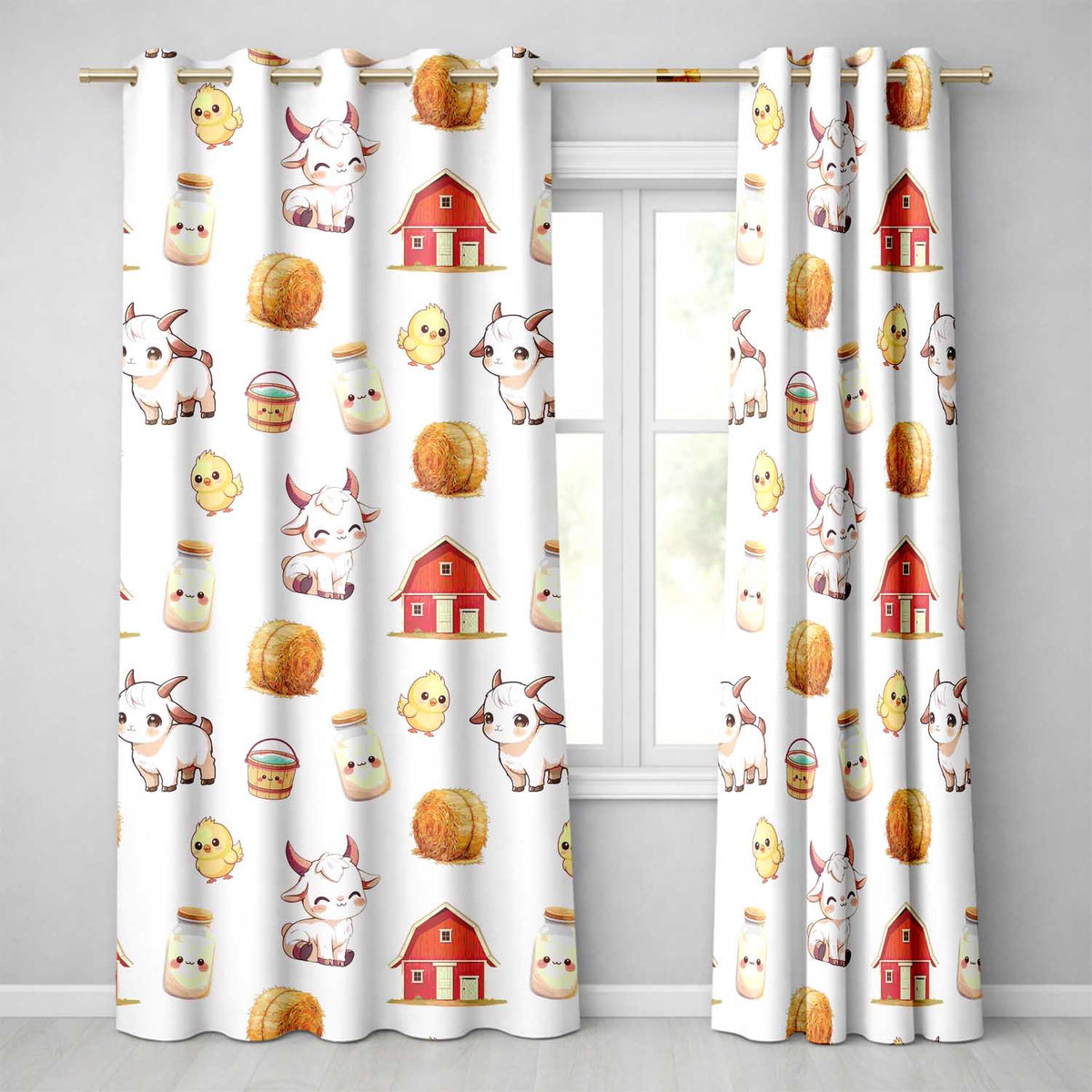 Cute Baby Goat Barn Hay Milk Chick Farm Grey Seamless Pattern Readymade Eyelet Ring Top Thermal 100% Blackout Curtains