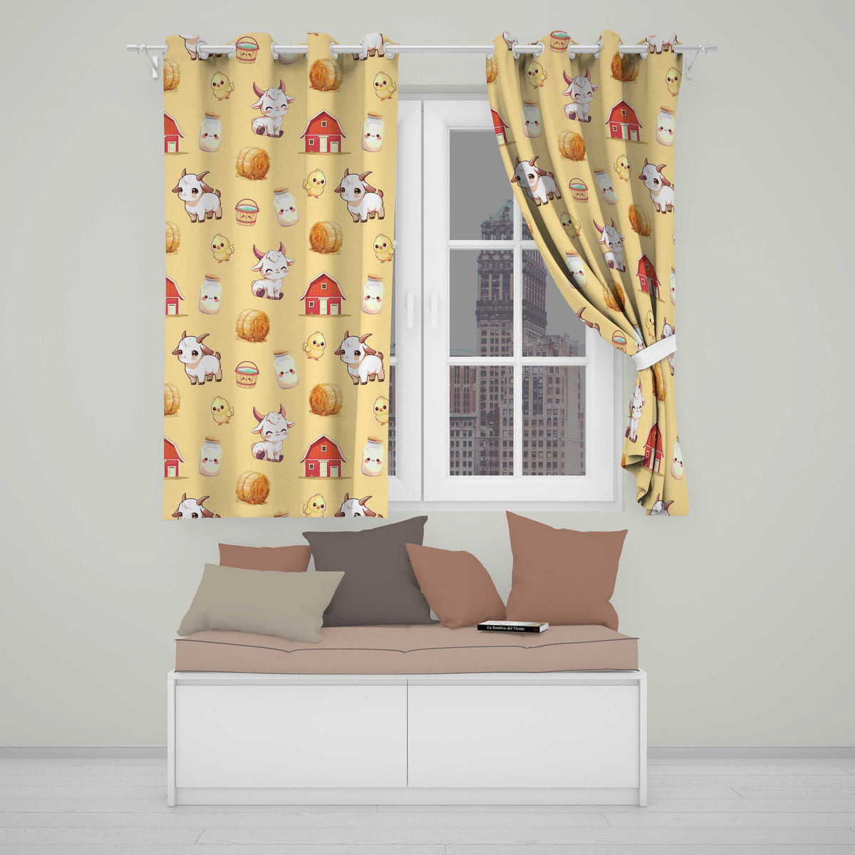 Cute Baby Goat Barn Hay Milk Chick Farm Yellow Seamless Pattern Readymade Eyelet Ring Top Thermal 100% Blackout Curtains