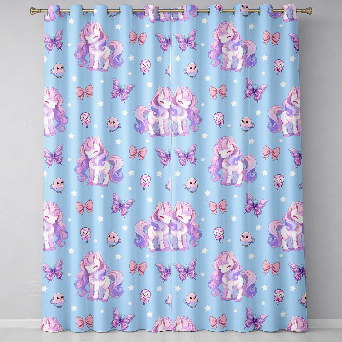 Cute Unicorn Pastel Stars Birds Bows Candy Blue Seamless Pattern Readymade Eyelet Ring Top Thermal 100% Blackout Curtains