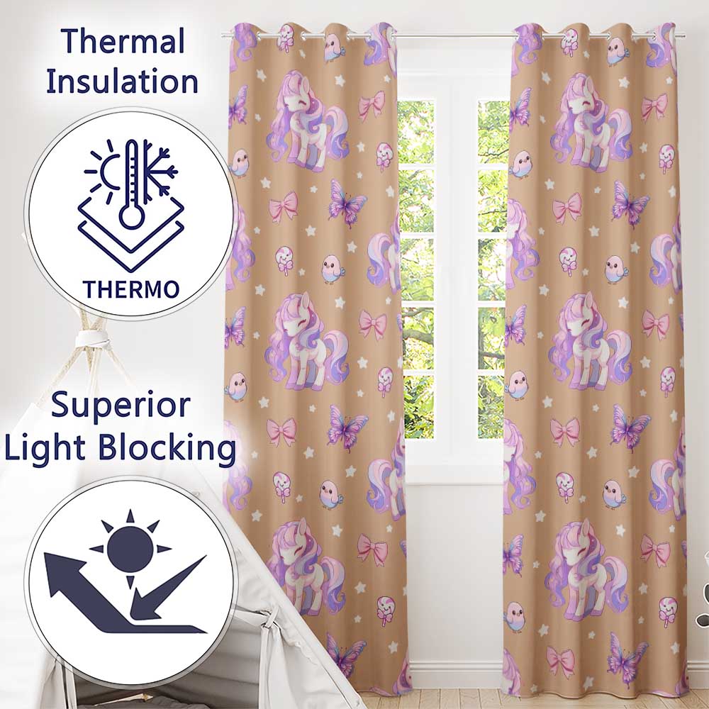 Cute Unicorn Pastel Stars Birds Bows Candy Peach Seamless Pattern Readymade Eyelet Ring Top Thermal 100% Blackout Curtains