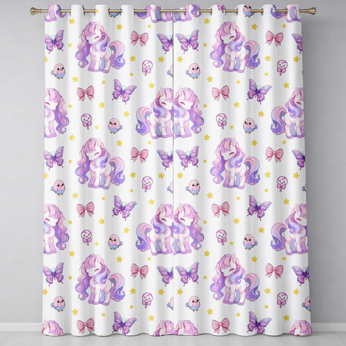 Cute Unicorn Pastel Stars Birds Bows Candy Cream Seamless Pattern Readymade Eyelet Ring Top Thermal 100% Blackout Curtains