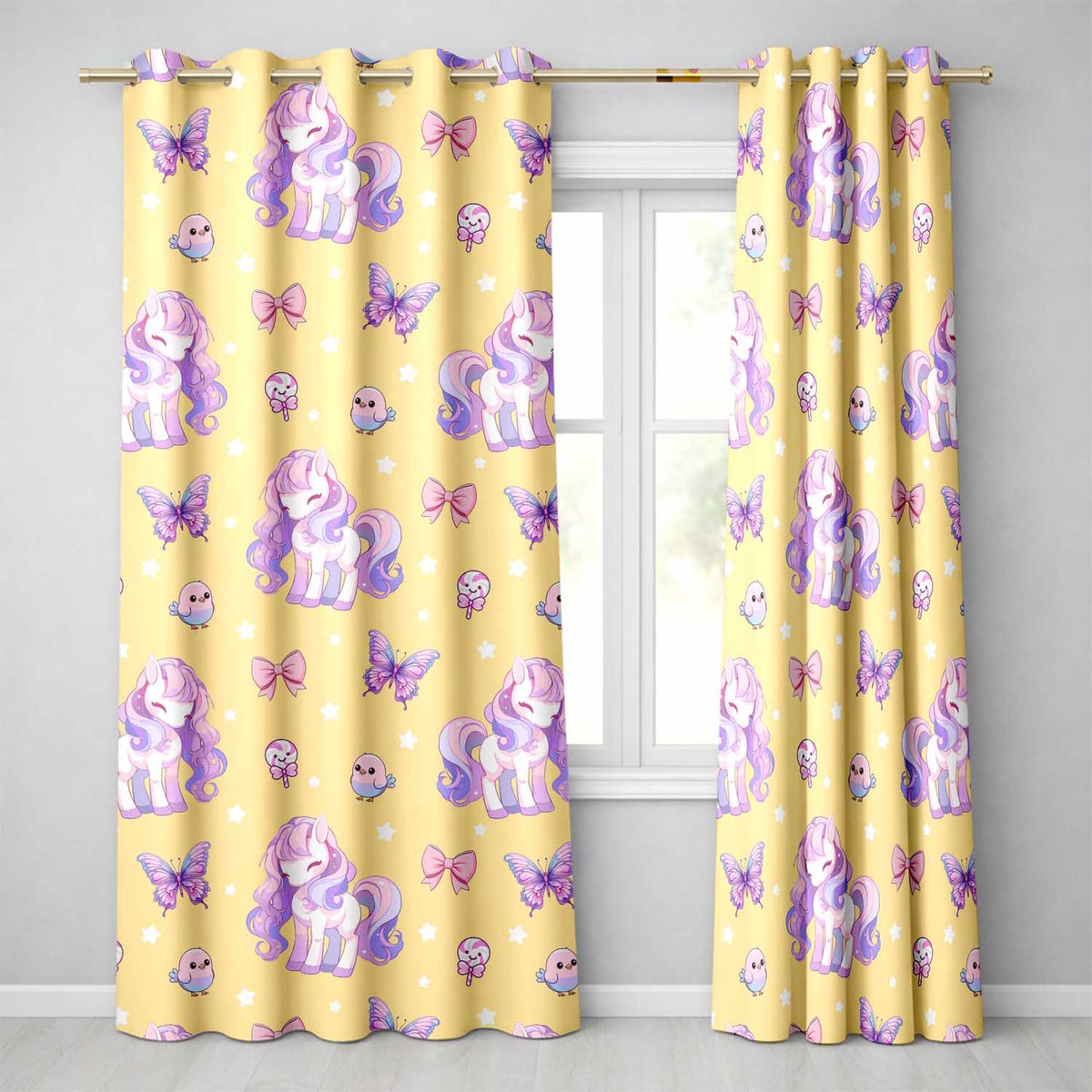 Cute Unicorn Pastel Stars Birds Bows Candy Yellow Seamless Pattern Readymade Eyelet Ring Top Thermal 100% Blackout Curtains