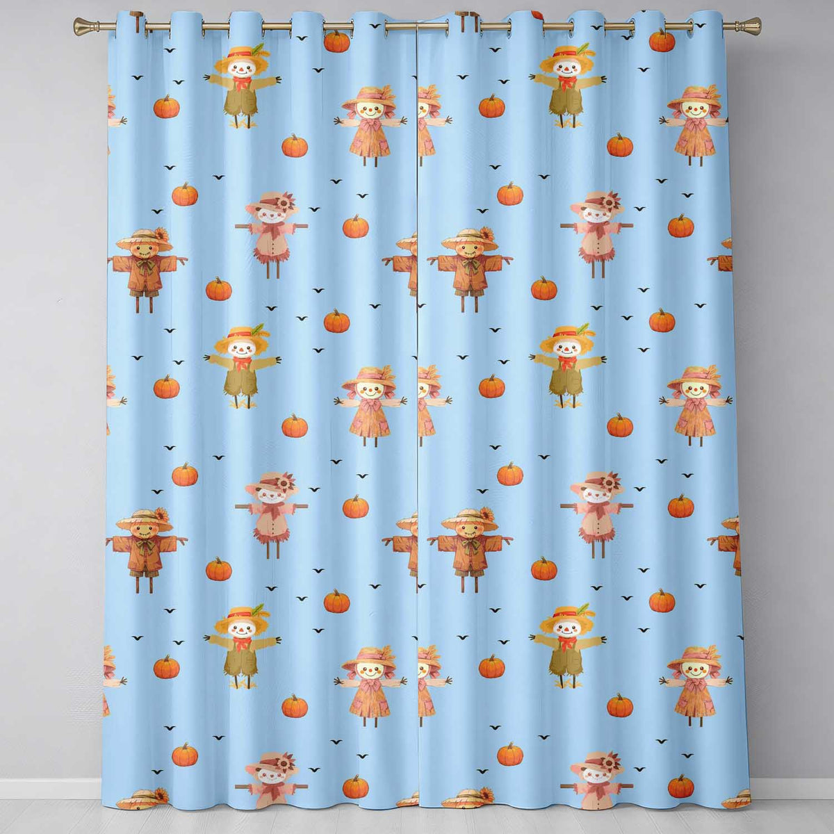 Cute Autumn Scarecrow Pumpkins Birds Blue Seamless Pattern Readymade Eyelet Ring Top Thermal 100% Blackout Curtains