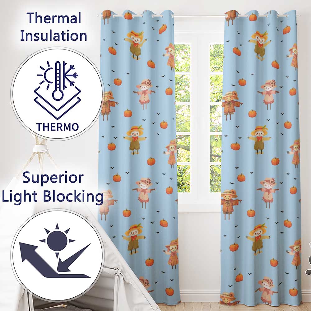 Cute Autumn Scarecrow Pumpkins Birds Blue Seamless Pattern Readymade Eyelet Ring Top Thermal 100% Blackout Curtains