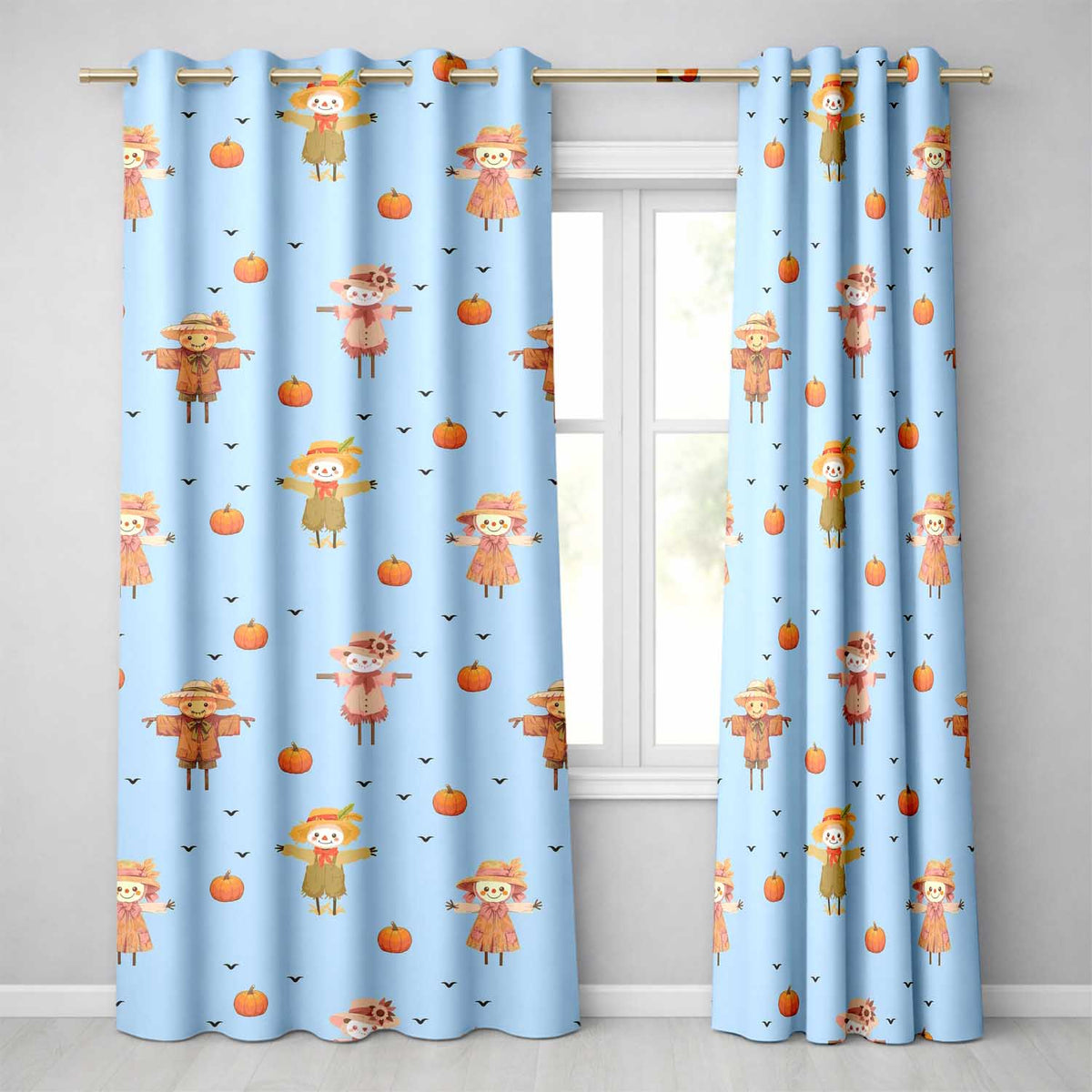 Cute Autumn Scarecrow Pumpkins Birds Blue Seamless Pattern Readymade Eyelet Ring Top Thermal 100% Blackout Curtains