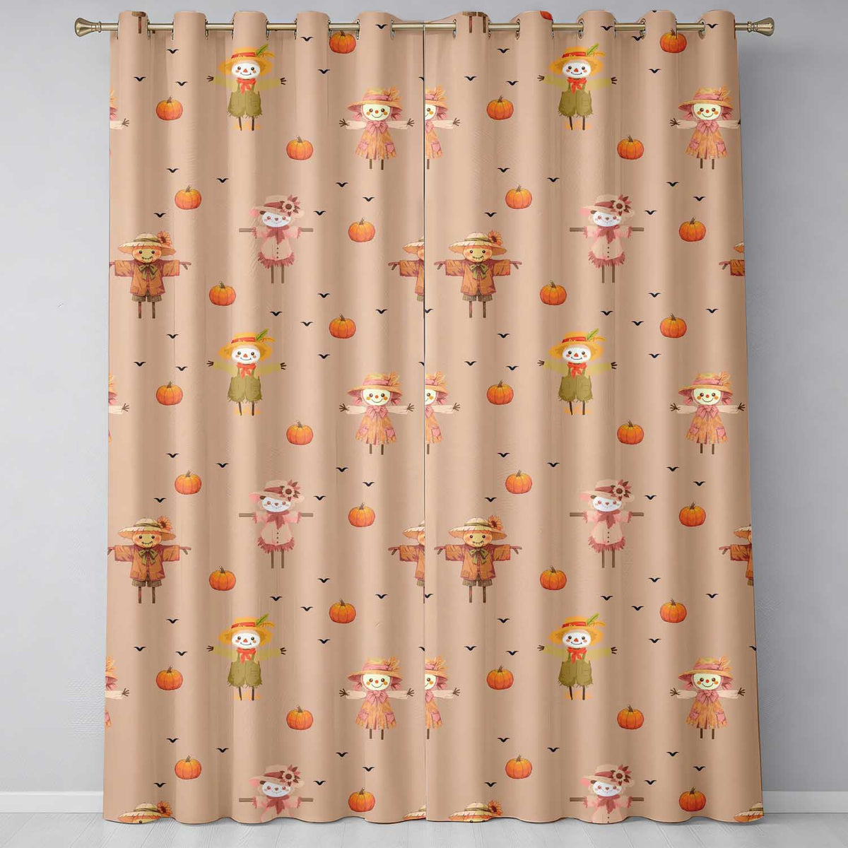 Cute Autumn Scarecrow Pumpkins Birds Peach Seamless Pattern Readymade Eyelet Ring Top Thermal 100% Blackout Curtains