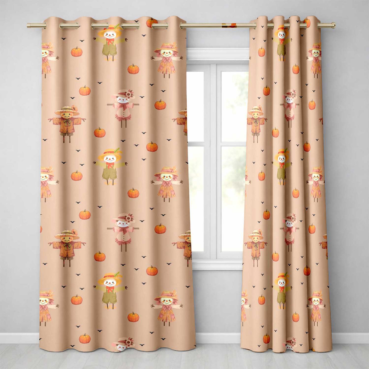 Cute Autumn Scarecrow Pumpkins Birds Peach Seamless Pattern Readymade Eyelet Ring Top Thermal 100% Blackout Curtains