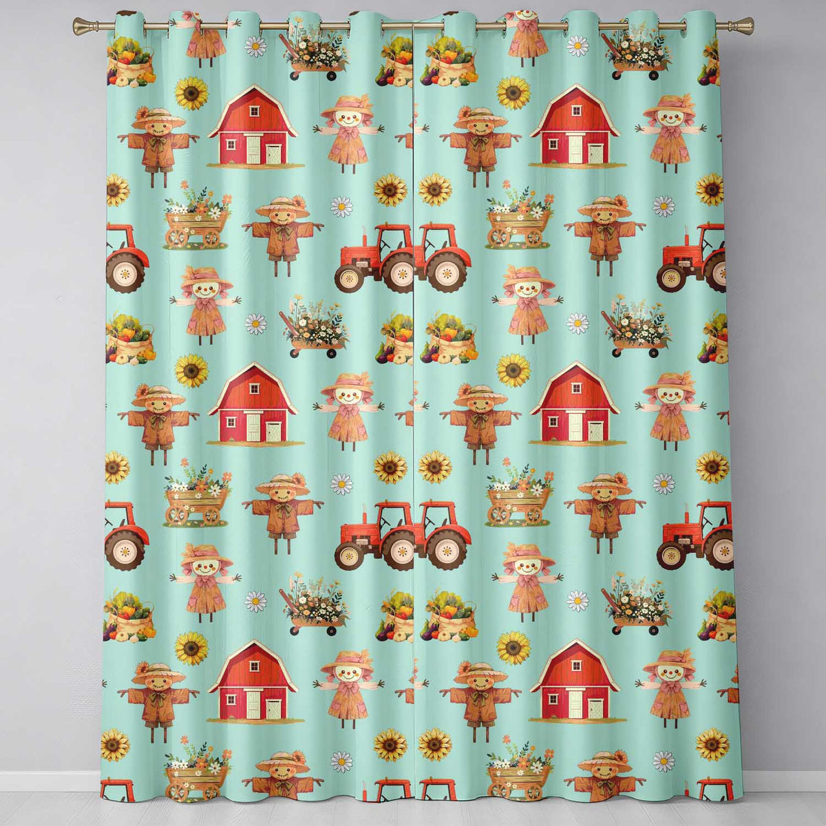 Cute Autumn Farm Barn Scarecrow Sunflower Floral Teal Seamless Pattern Readymade Eyelet Ring Top Thermal 100% Blackout Curtains